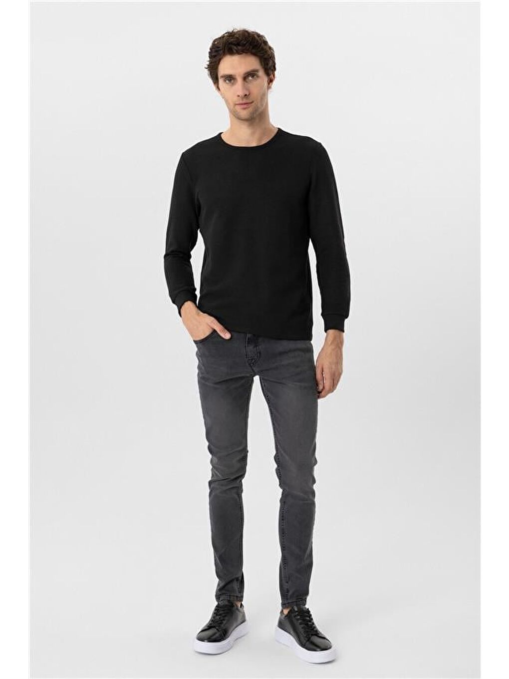 Siyah Slim Armürlü Bisiklet Yaka Triko-3