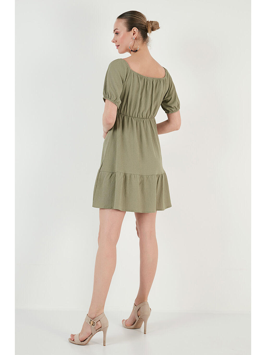 Yeşil Önü Büzgülü Balon Kollu Mini Elbise 5869005-5