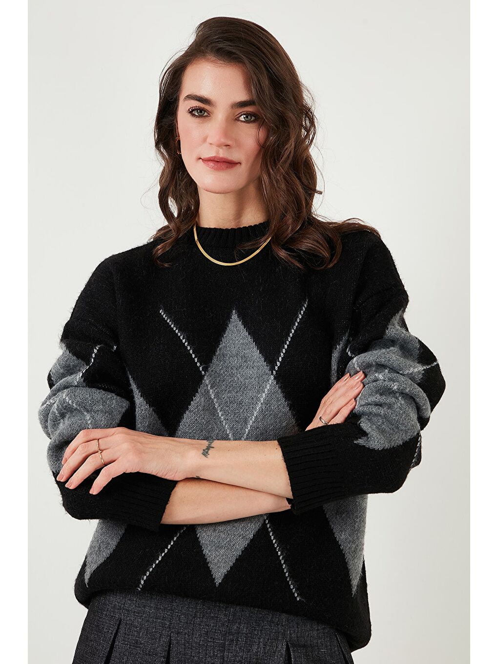 Siyah Baklava Desenli Standart Fit Bisiklet Yaka Kazak 4615574-5