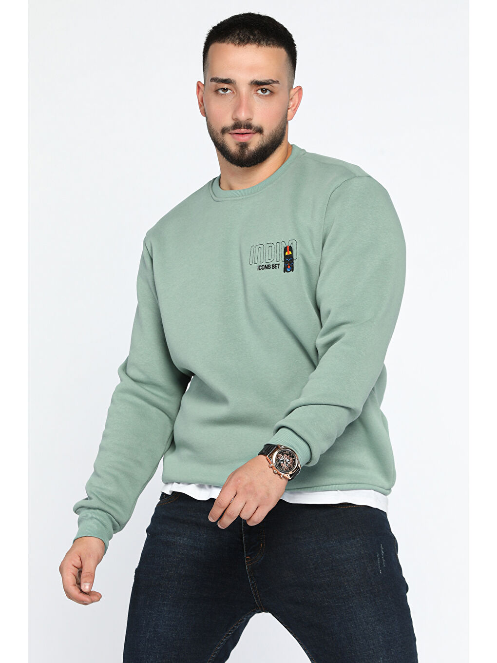 Mishar İtalia Yeşil Bisiklet Yaka Nakışlı Erkek Sweatshirt