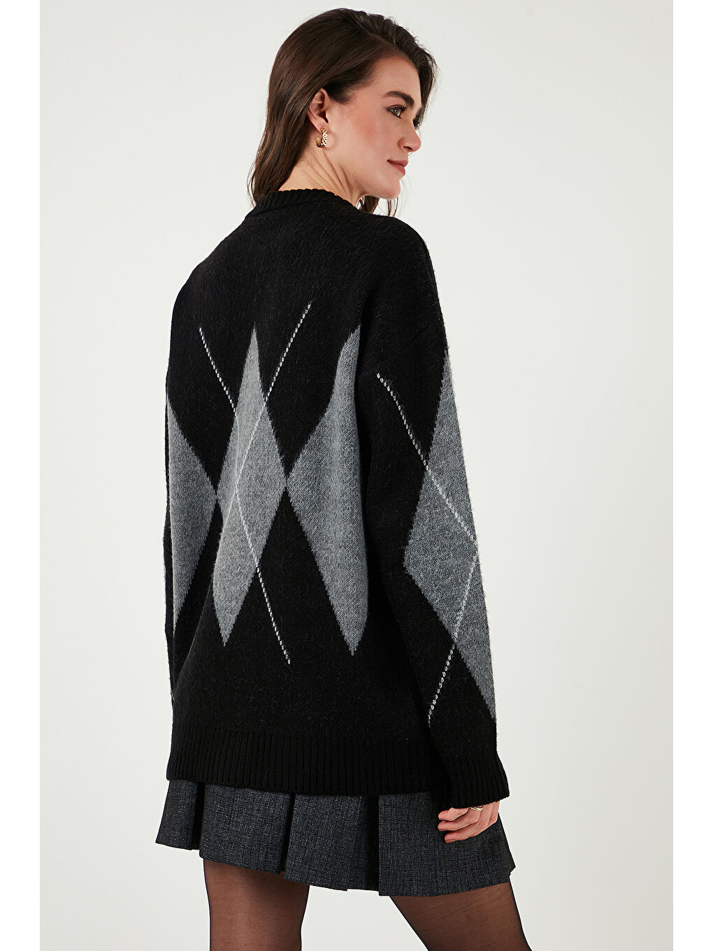 Siyah Baklava Desenli Standart Fit Bisiklet Yaka Kazak 4615574-6