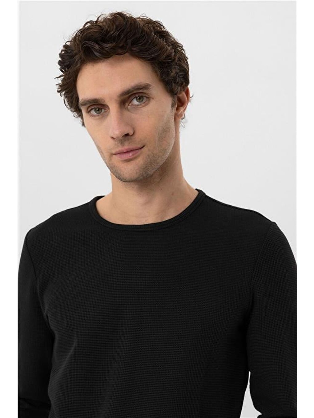 Siyah Slim Armürlü Bisiklet Yaka Triko-4