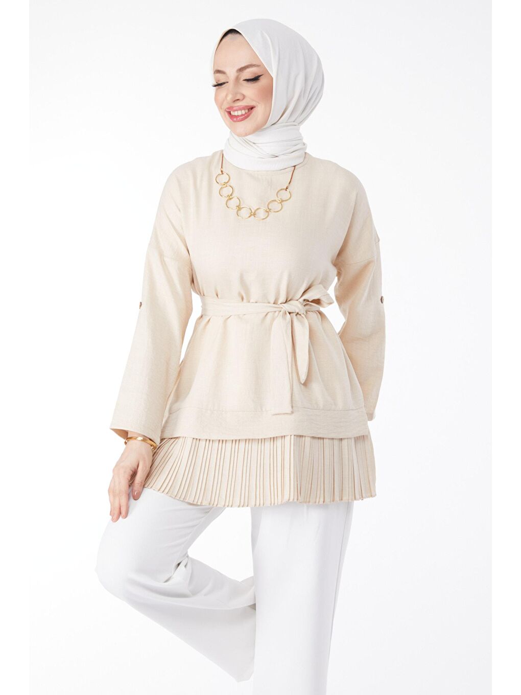 Bisiklet Yaka Kadın Bej Eteği Pilise Detaylı Tunik - 24624-1