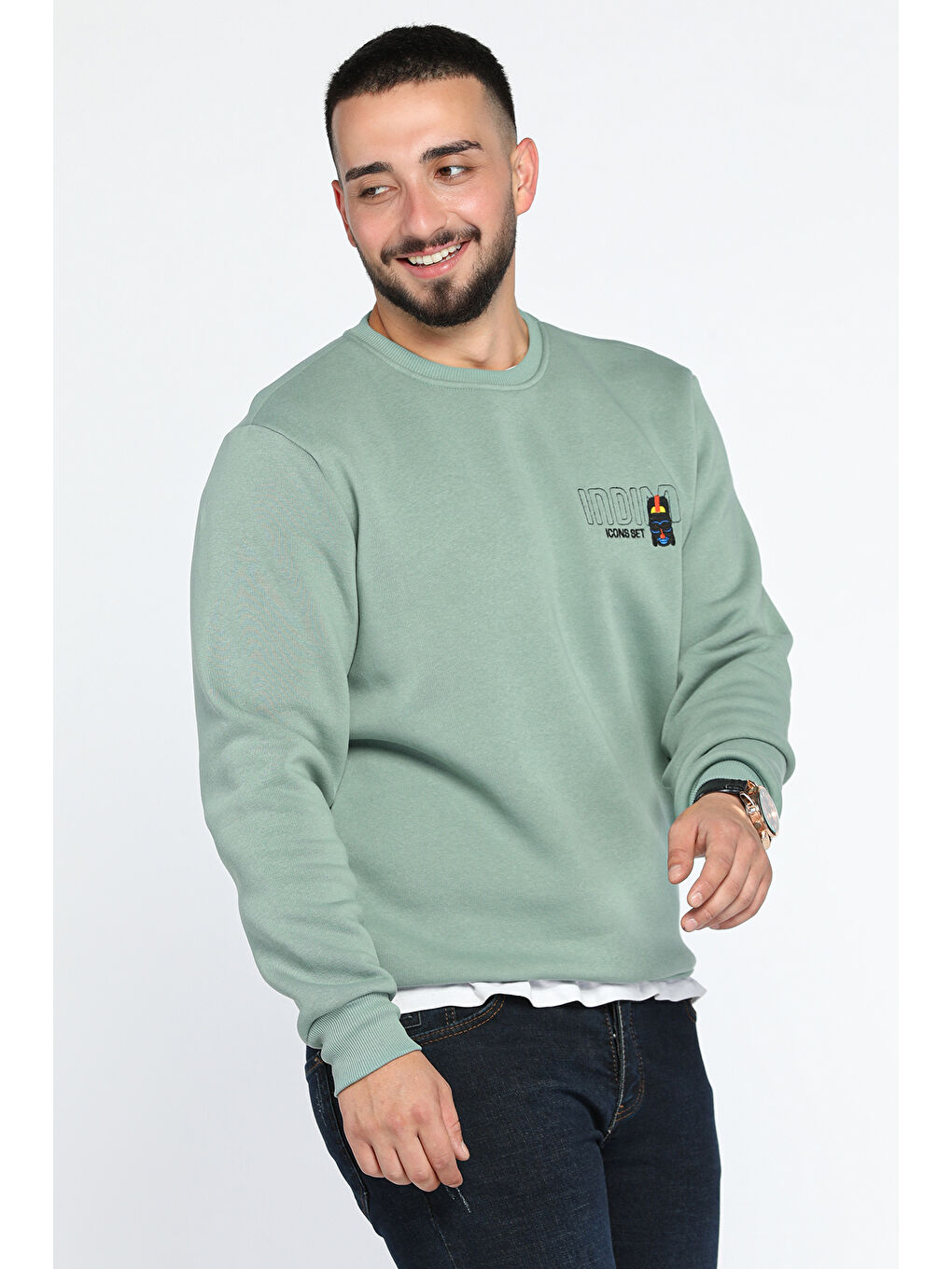 Mishar İtalia Yeşil Bisiklet Yaka Nakışlı Erkek Sweatshirt - 1