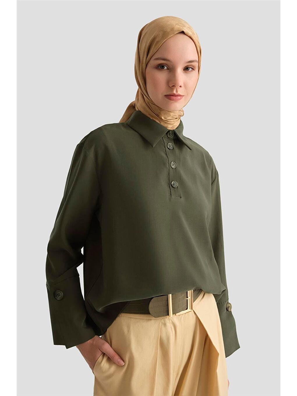 Polo Yaka Lyocell Bluz 25Y3736 Haki-1