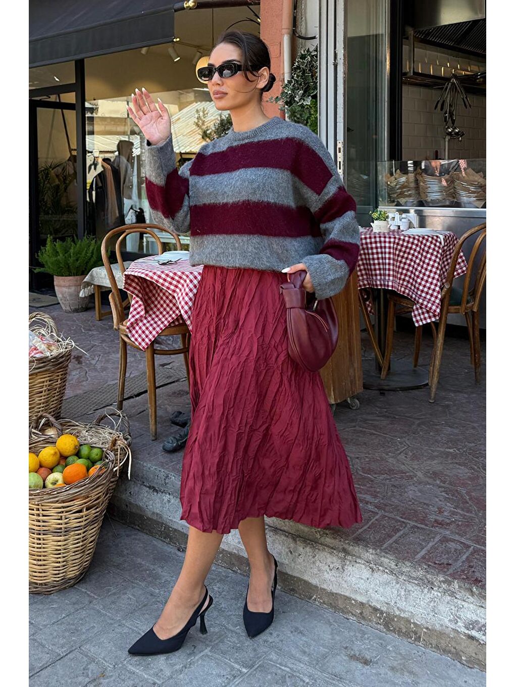 Bordo Bisiklet Yaka Çizgili Triko Kadın Kazak Mg2472-4