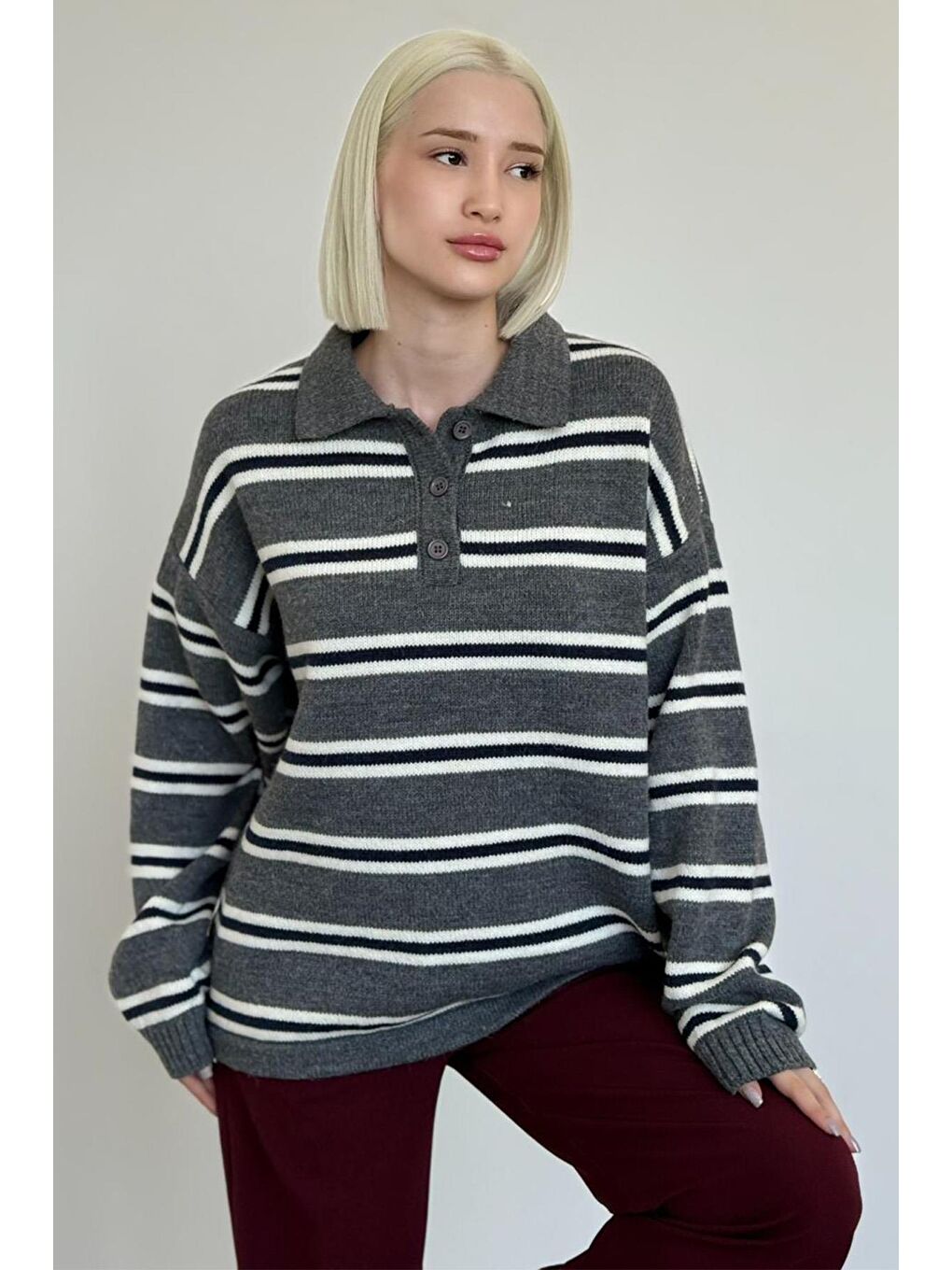 Antrasit Polo Yaka Çizgili Kadın Triko Kazak Mg2469-4