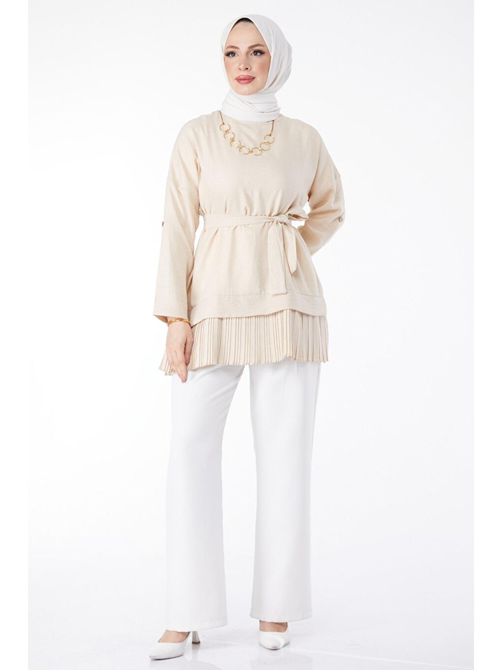 Bisiklet Yaka Kadın Bej Eteği Pilise Detaylı Tunik - 24624-2