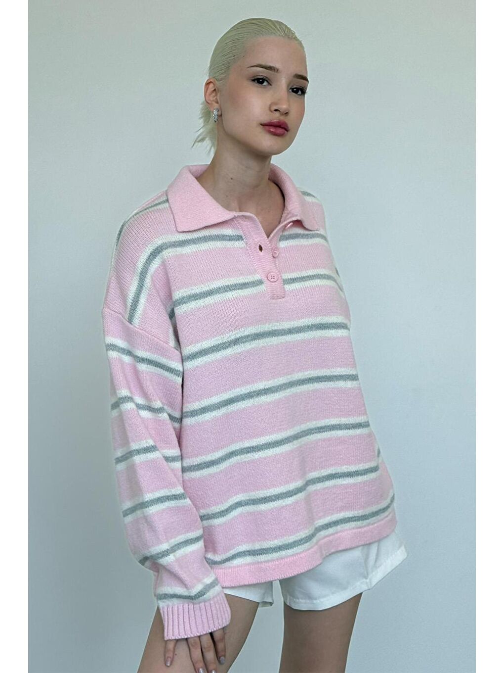 Pembe Polo Yaka Çizgili Kadın Triko Kazak Mg2469-9