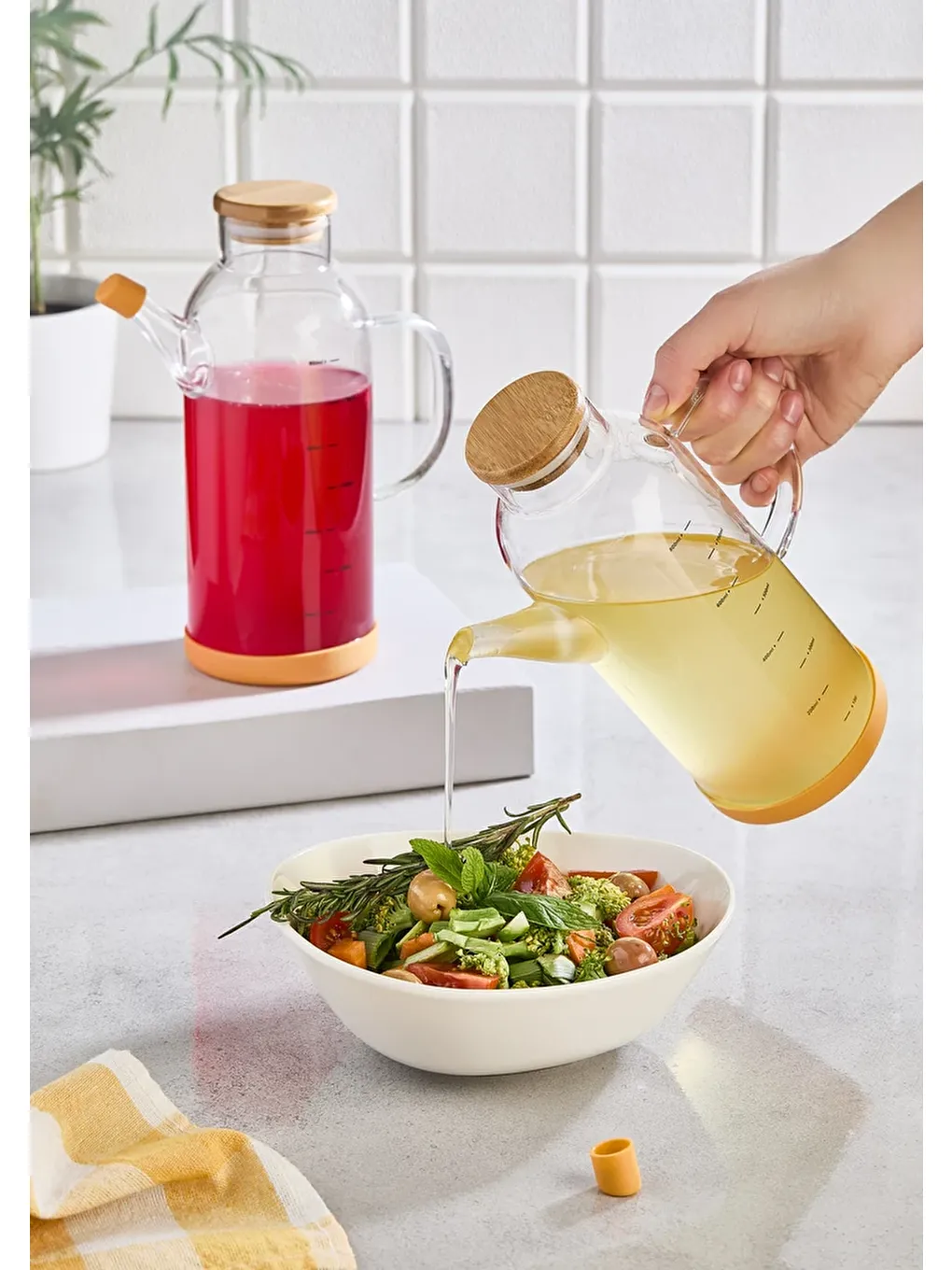 Renksiz Bambu Kapaklı 2' li Cam Yağdanlık & Sirkelik Seti-1