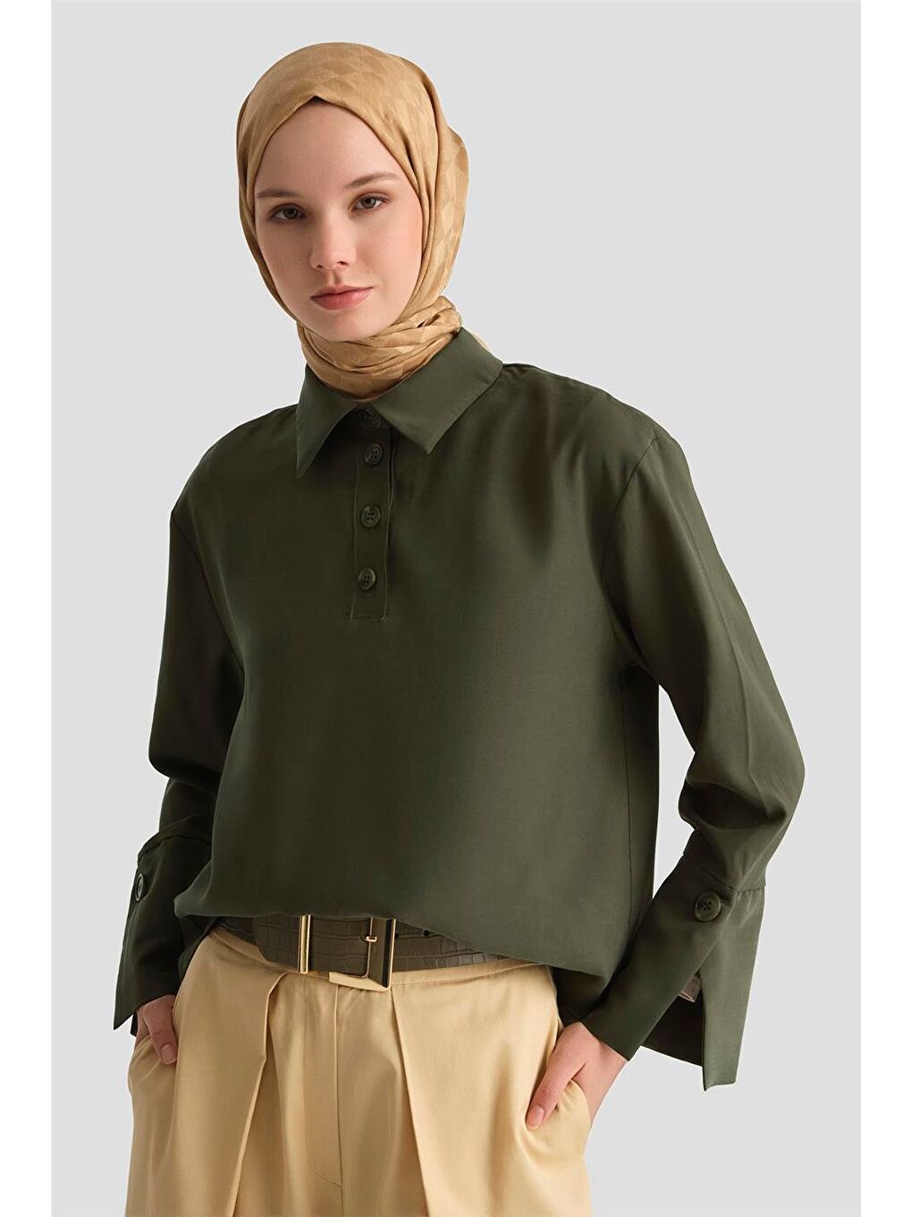 Polo Yaka Lyocell Bluz 25Y3736 Haki-2