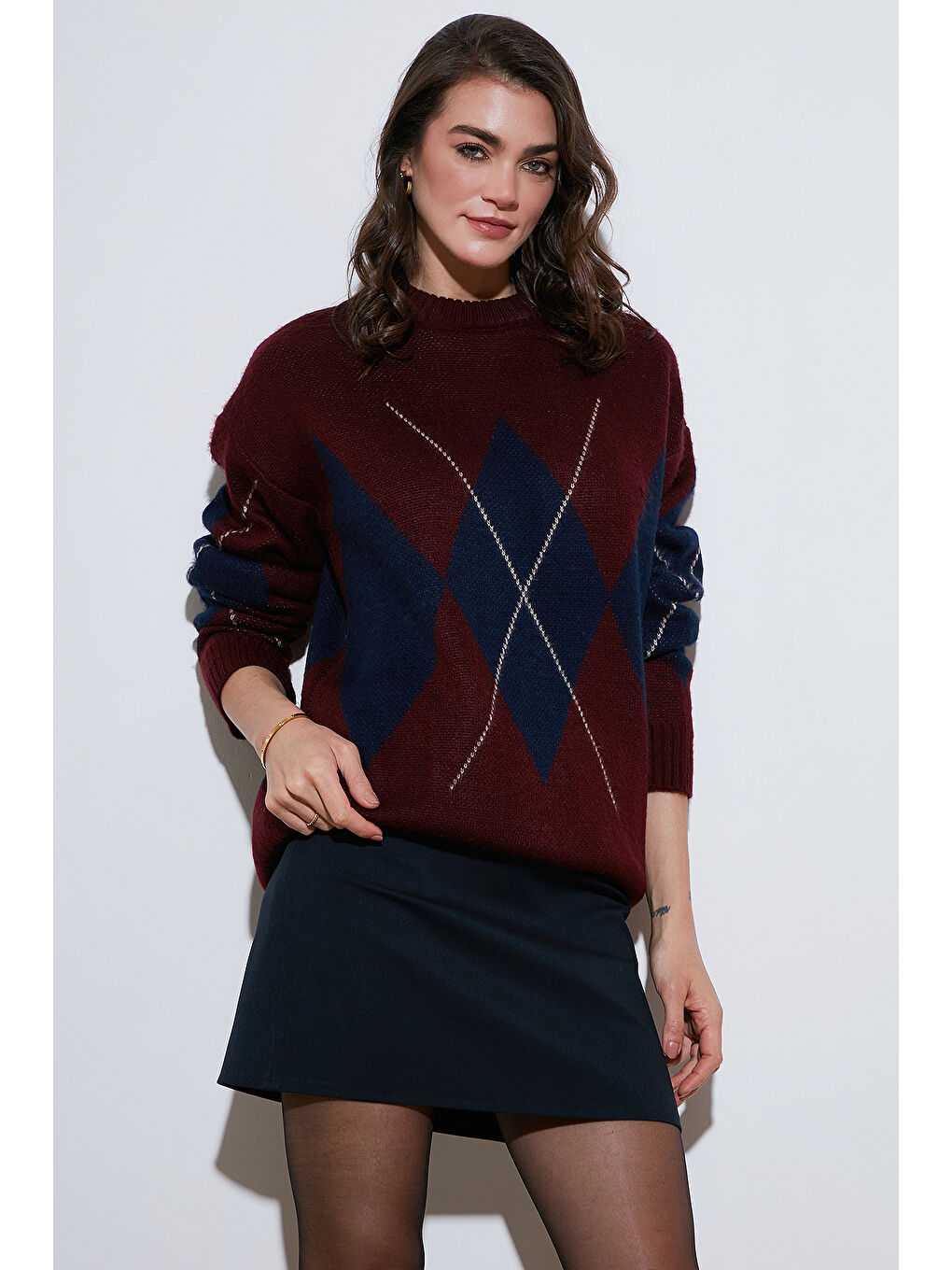 Bordo Baklava Desenli Standart Fit Bisiklet Yaka Kazak 4615574