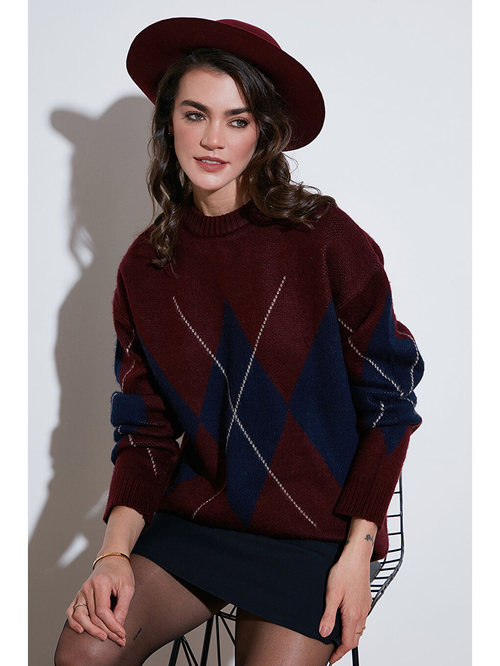 Bordo Baklava Desenli Standart Fit Bisiklet Yaka Kazak 4615574-1