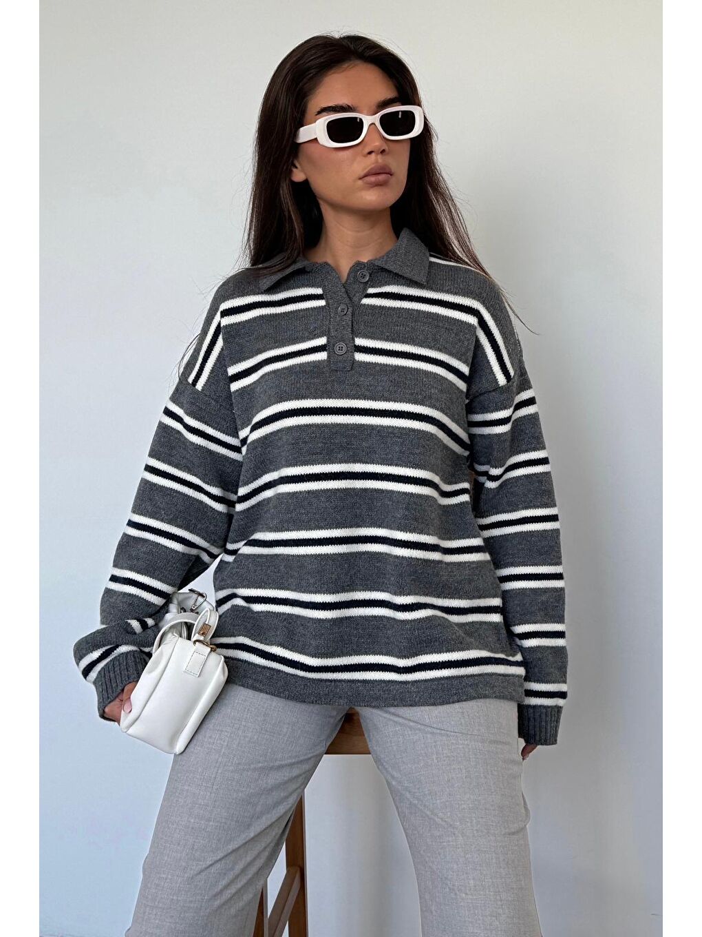 Antrasit Polo Yaka Çizgili Kadın Triko Kazak Mg2469-5