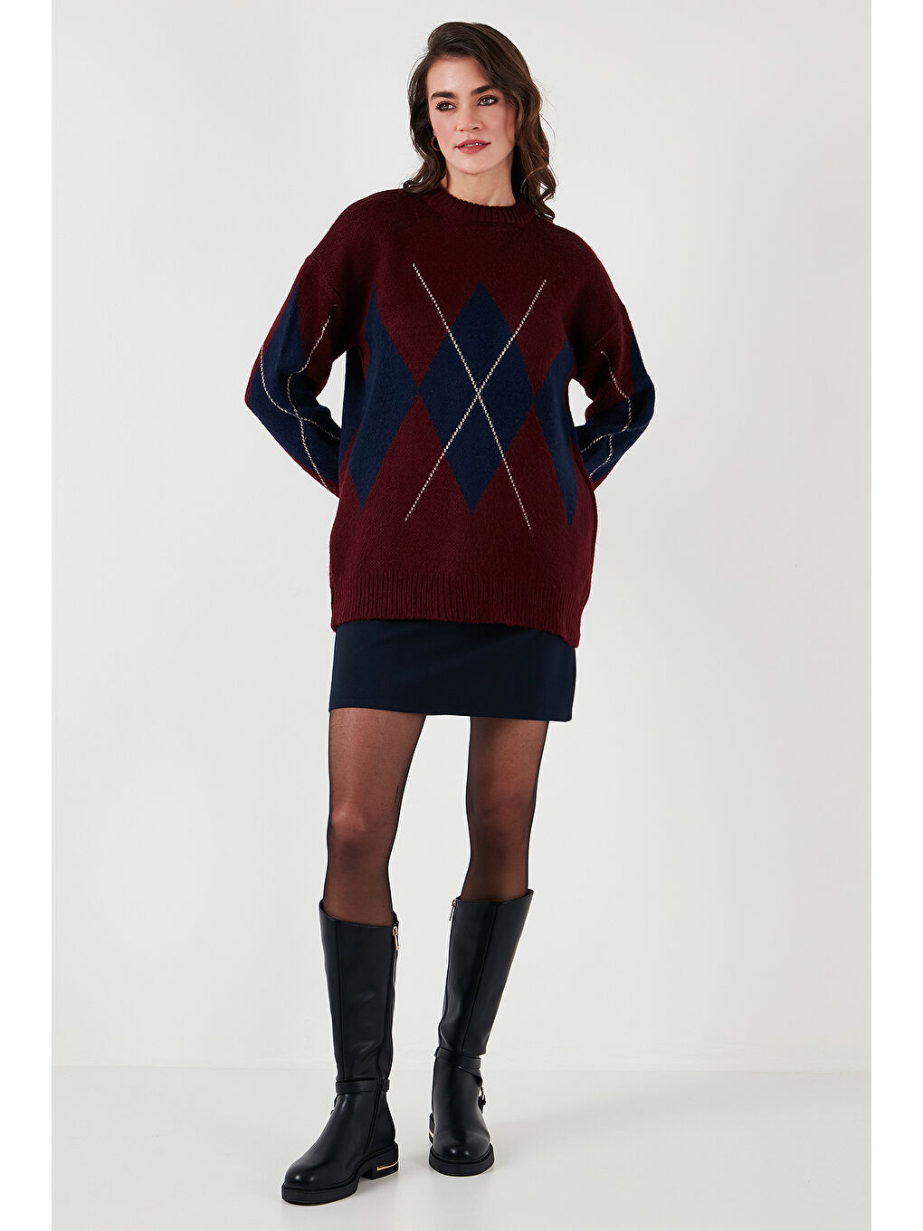 Bordo Baklava Desenli Standart Fit Bisiklet Yaka Kazak 4615574-2