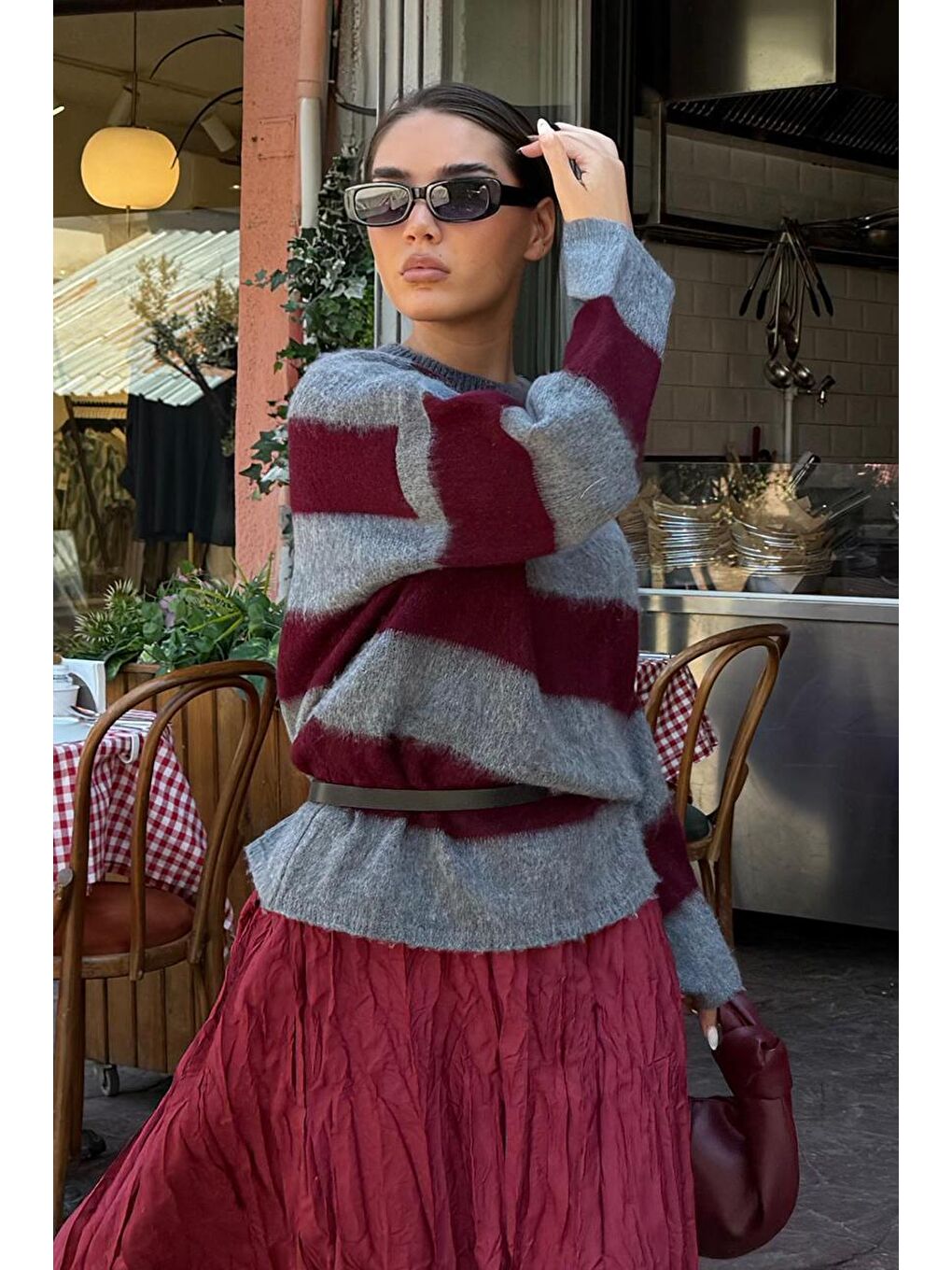 Bordo Bisiklet Yaka Çizgili Triko Kadın Kazak Mg2472-5