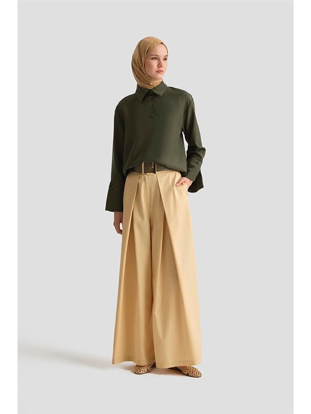 Polo Yaka Lyocell Bluz 25Y3736 Haki-3