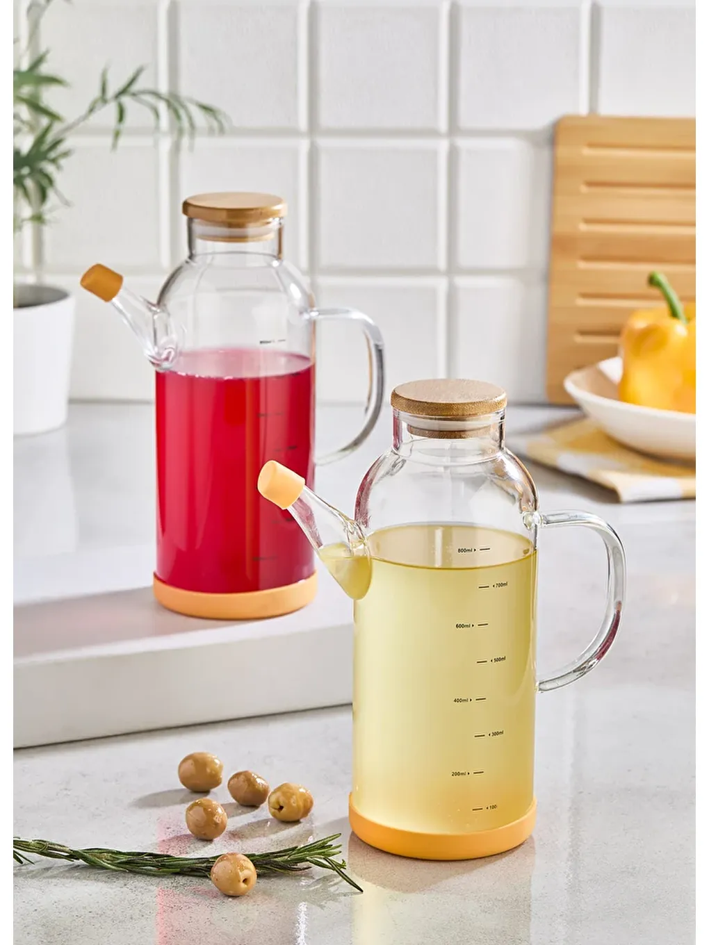 Renksiz Bambu Kapaklı 2' li Cam Yağdanlık & Sirkelik Seti-2