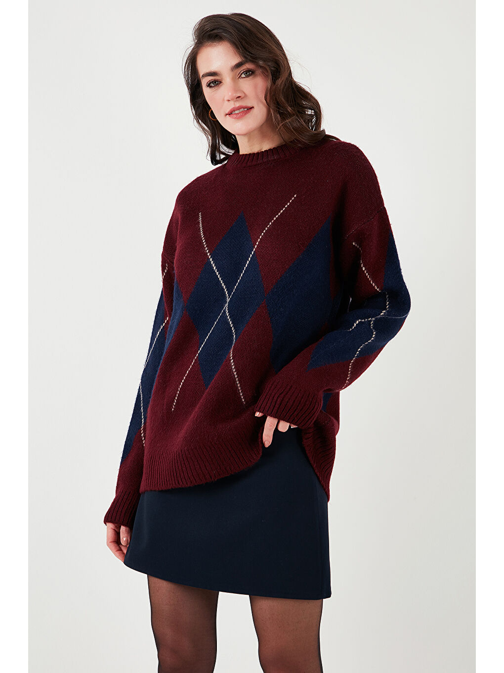 Bordo Baklava Desenli Standart Fit Bisiklet Yaka Kazak 4615574-4