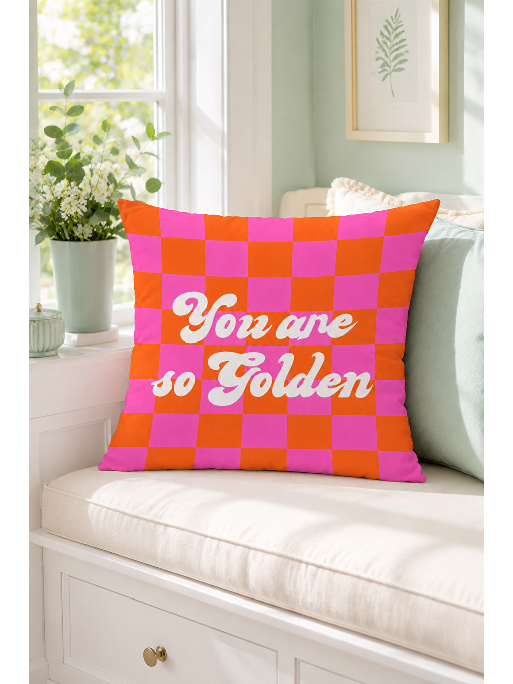 Fuşya You Are So Golden Dama Desenli Pop Art Dekoratif Kırlent Kılıfı Retro Dekor 43x43 Cm-5