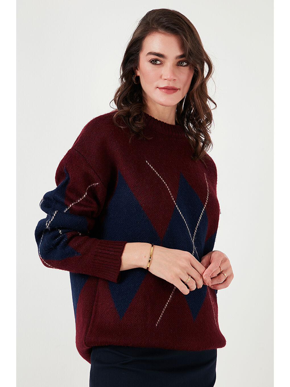 Bordo Baklava Desenli Standart Fit Bisiklet Yaka Kazak 4615574-5