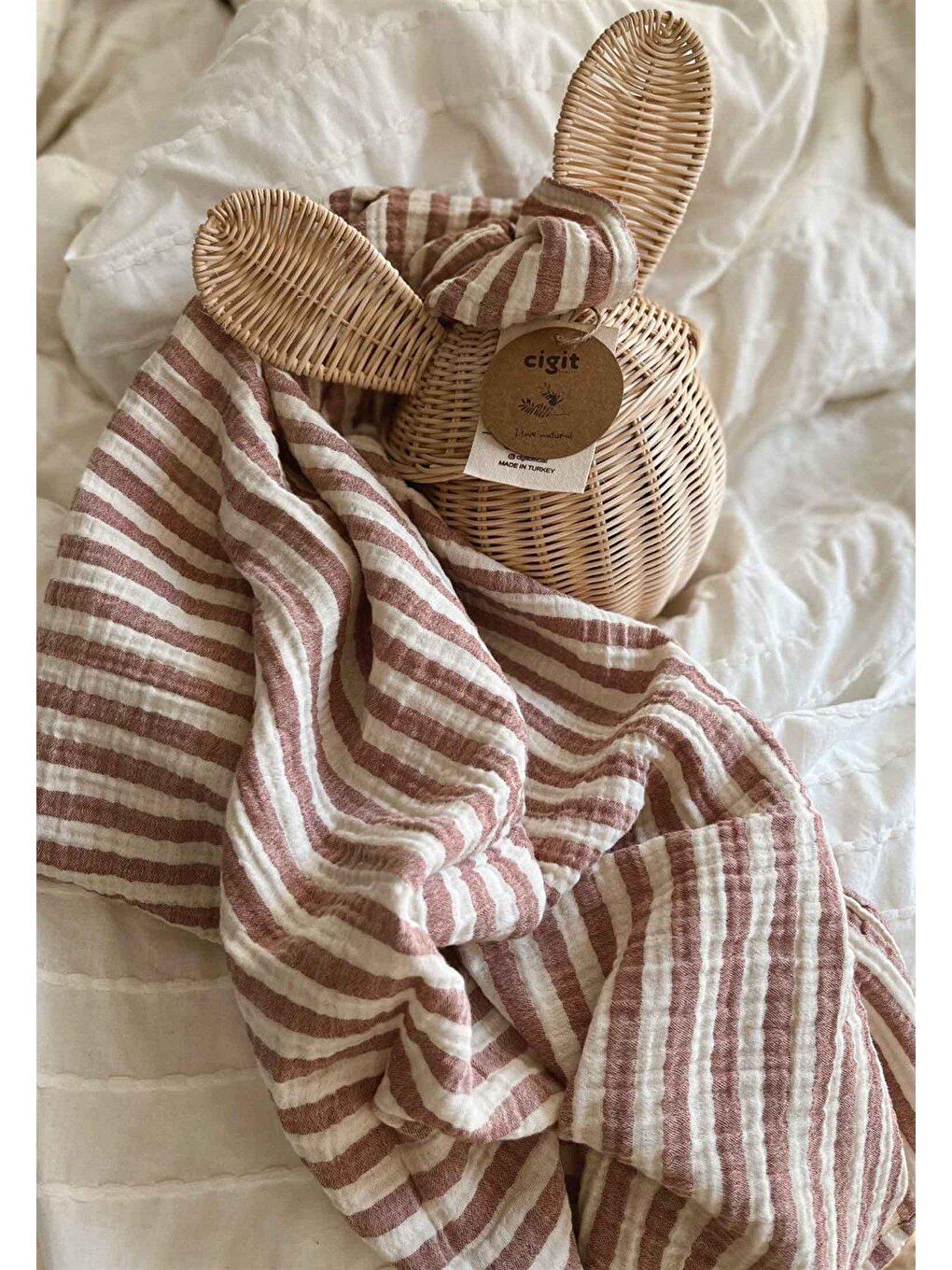 Kahverengi Naturel Battaniye 90X100 cm Rust Kalın Çizgili-2