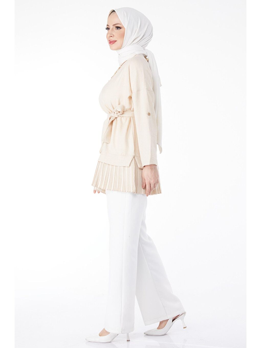 Bisiklet Yaka Kadın Bej Eteği Pilise Detaylı Tunik - 24624-3