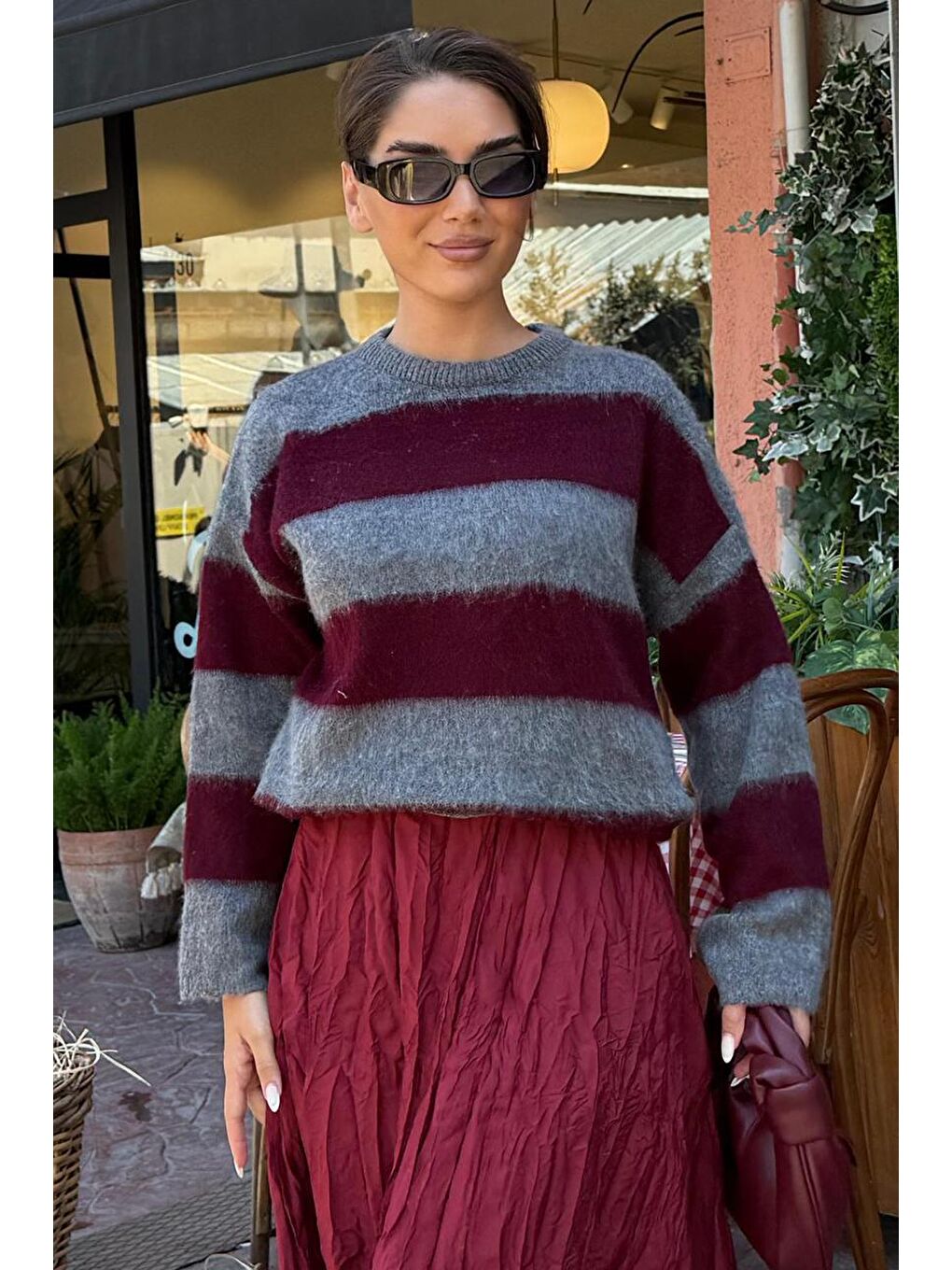 Bordo Bisiklet Yaka Çizgili Triko Kadın Kazak Mg2472-6