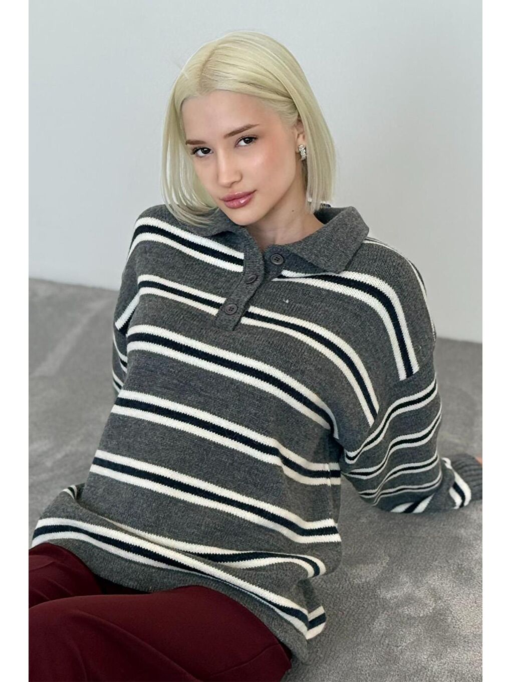 Antrasit Polo Yaka Çizgili Kadın Triko Kazak Mg2469-6