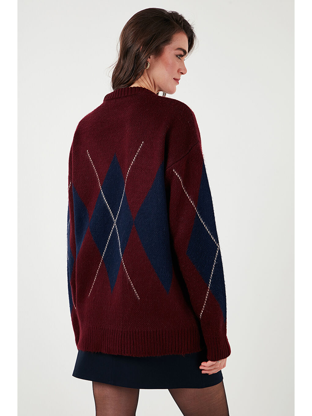 Bordo Baklava Desenli Standart Fit Bisiklet Yaka Kazak 4615574-6