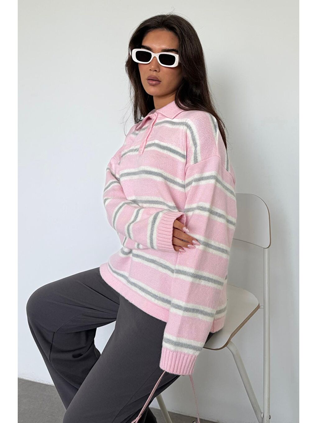 Pembe Polo Yaka Çizgili Kadın Triko Kazak Mg2469-10