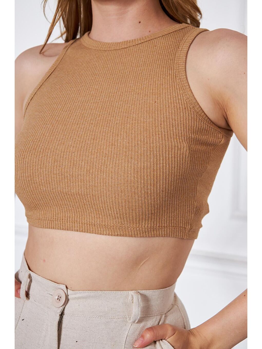 Bej Kadın Crop Top Vizon Basic Bluz-1