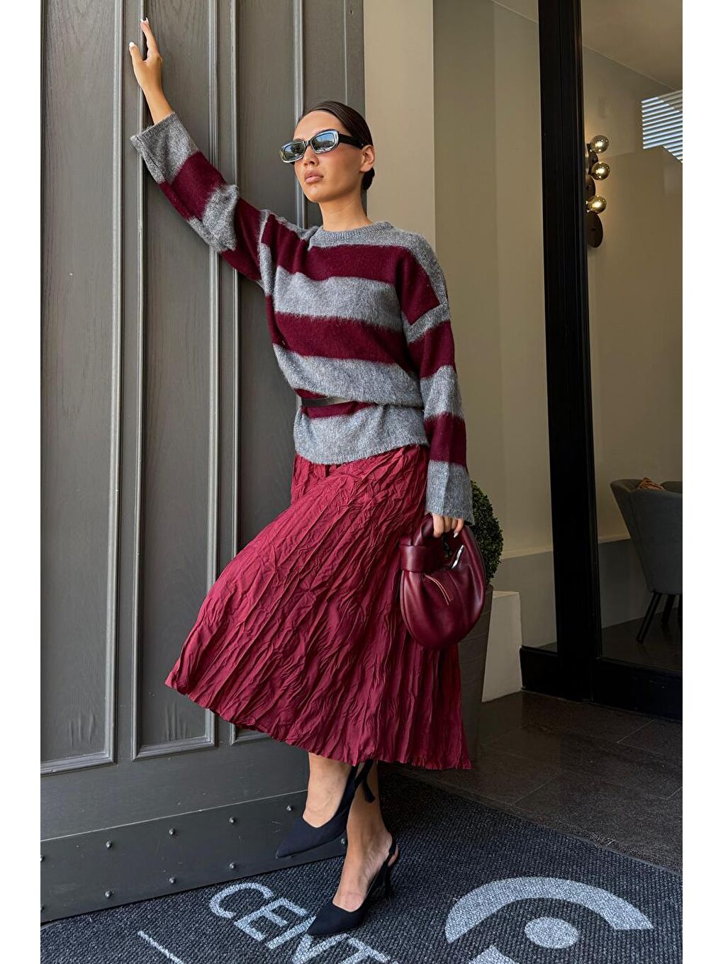 Bordo Bisiklet Yaka Çizgili Triko Kadın Kazak Mg2472-7