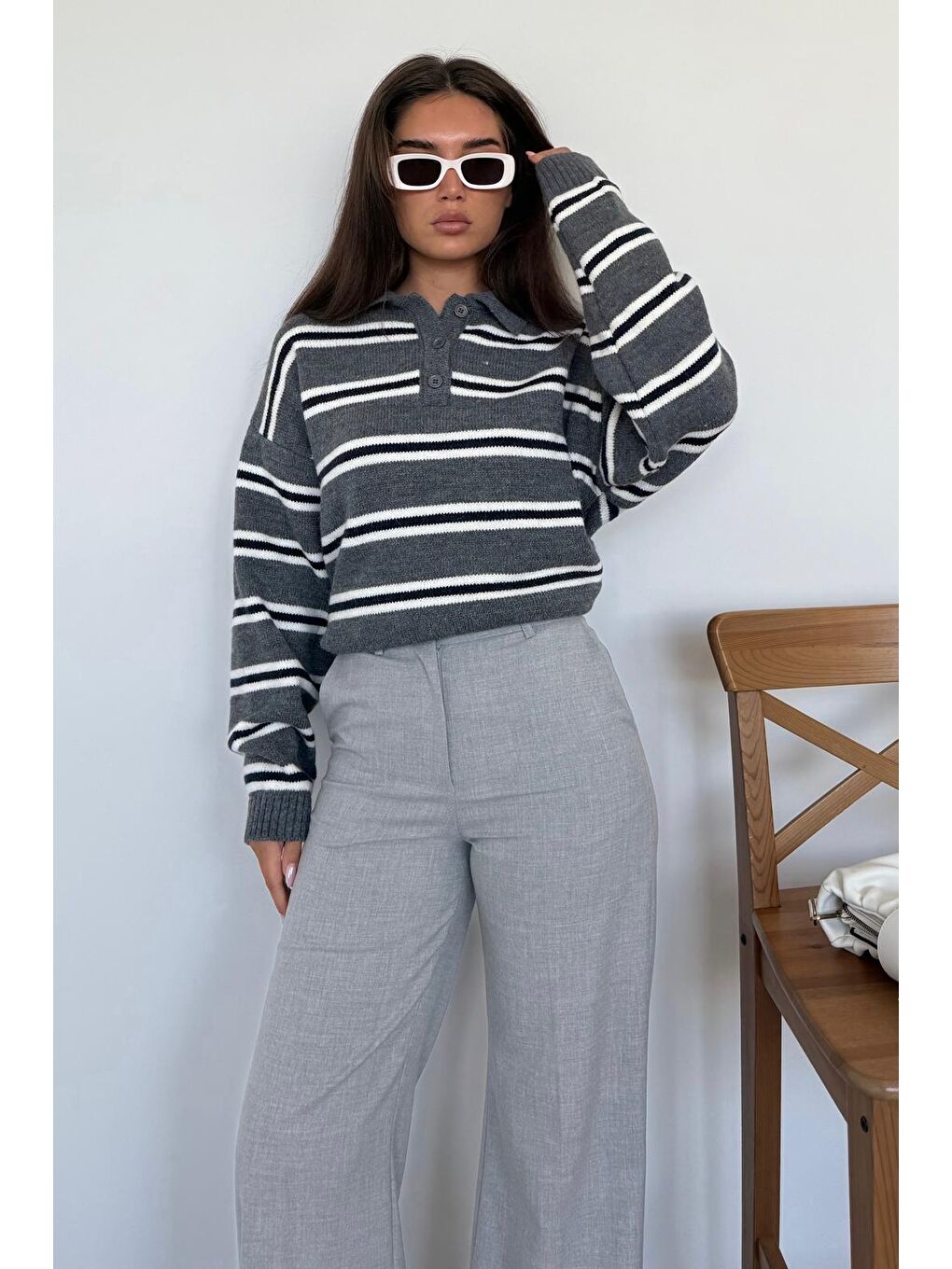 Antrasit Polo Yaka Çizgili Kadın Triko Kazak Mg2469-7