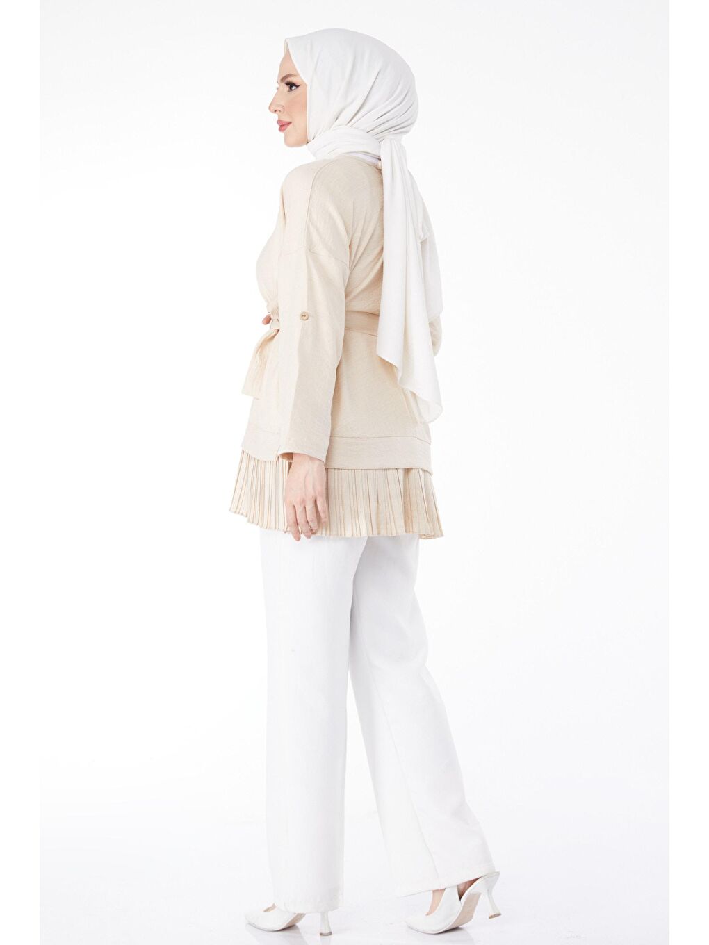 Bisiklet Yaka Kadın Bej Eteği Pilise Detaylı Tunik - 24624-4