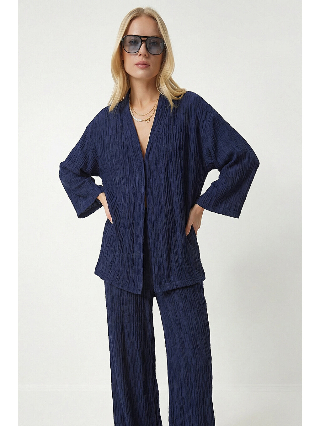 Lacivert Dokulu Oversize Örme Kimono Takım LACİVERT LBY0041-1