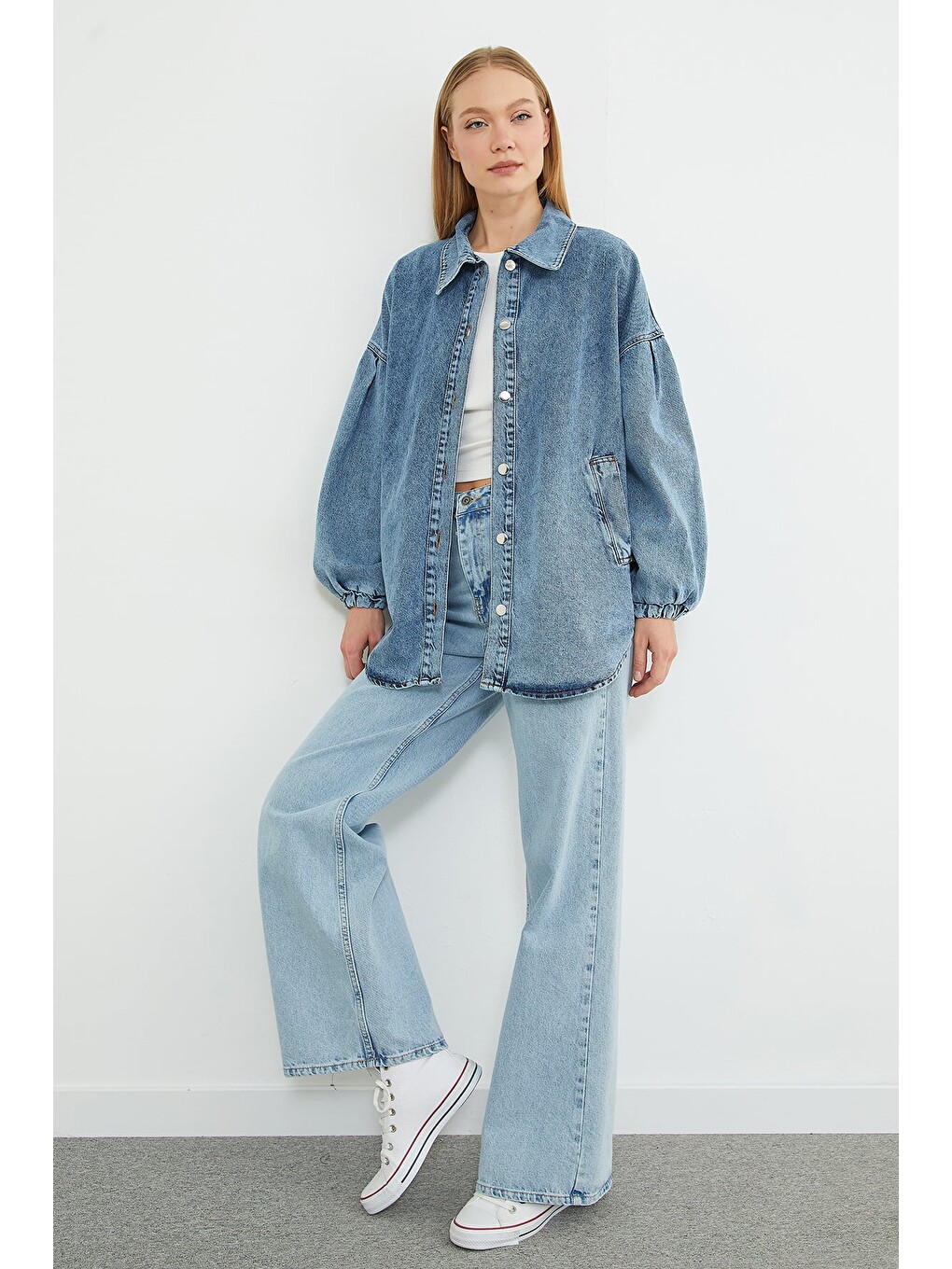 Mavi Balon Kol Düğmeli Oversize Jean Ceket-1