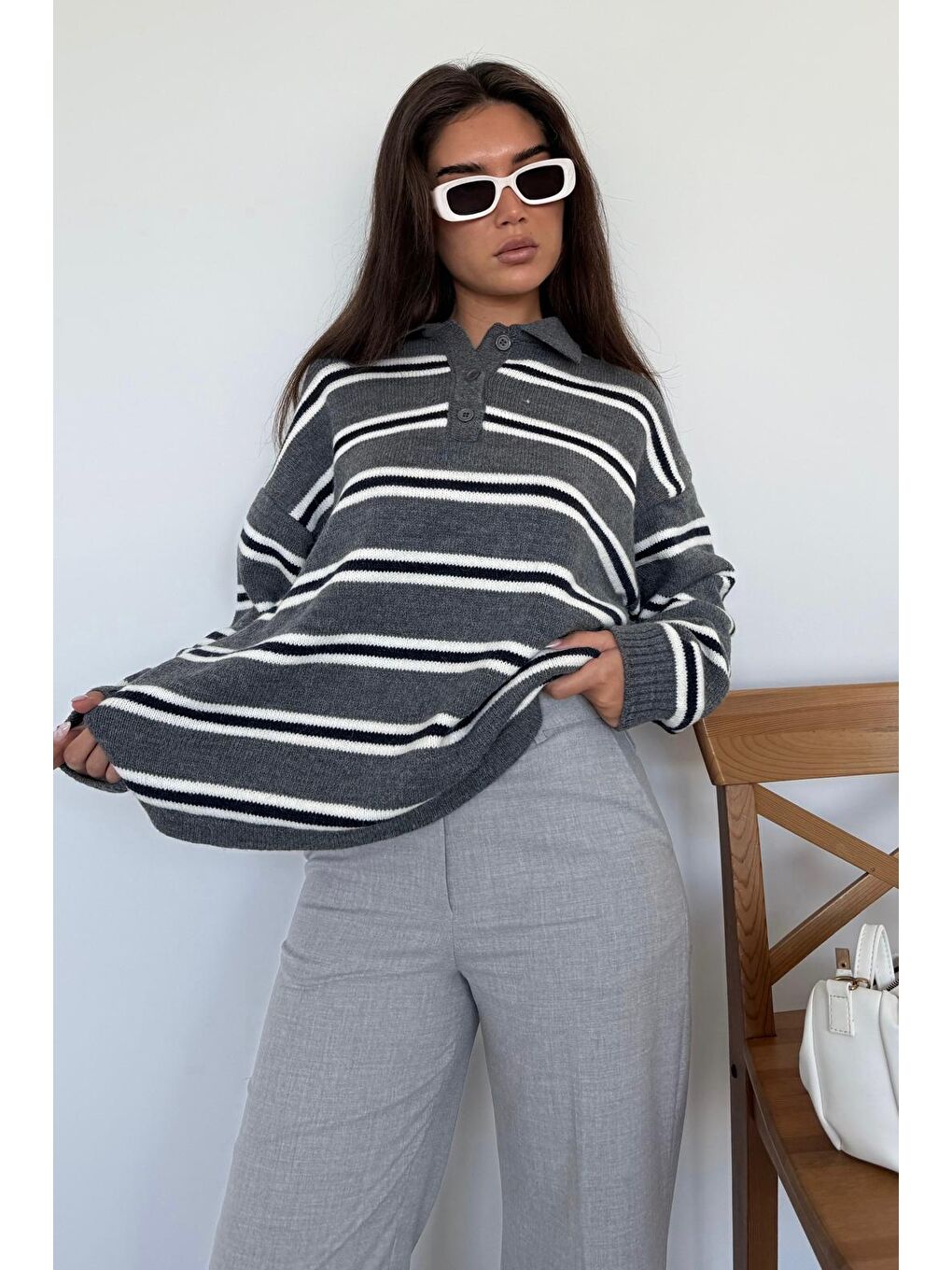 Antrasit Polo Yaka Çizgili Kadın Triko Kazak Mg2469-8