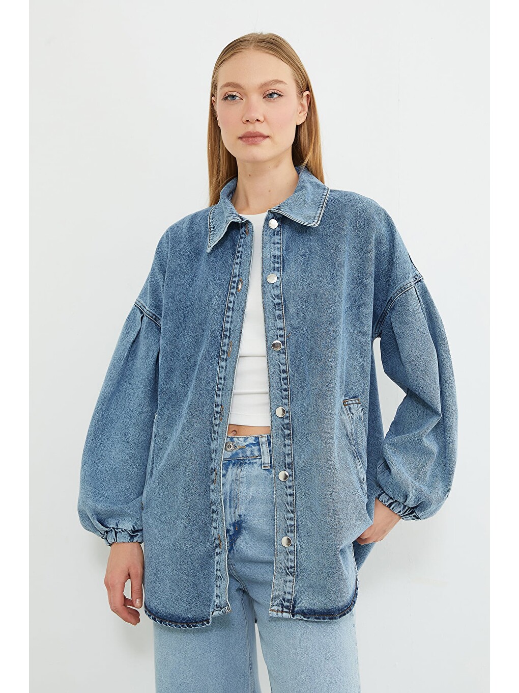 Mavi Balon Kol Düğmeli Oversize Jean Ceket-3