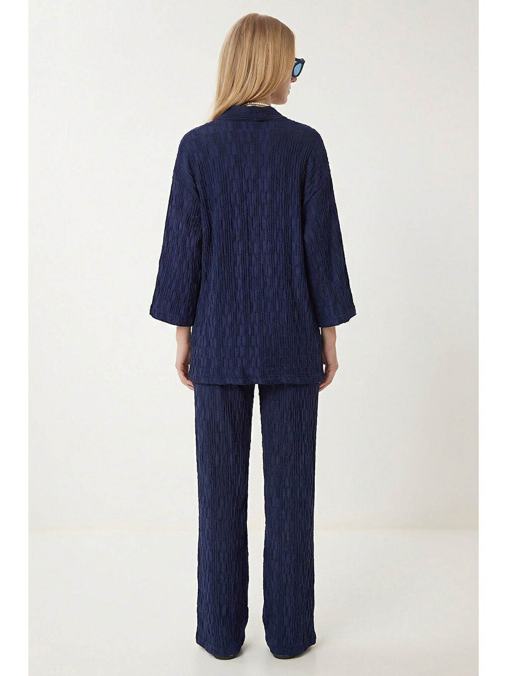 Lacivert Dokulu Oversize Örme Kimono Takım LACİVERT LBY0041-4