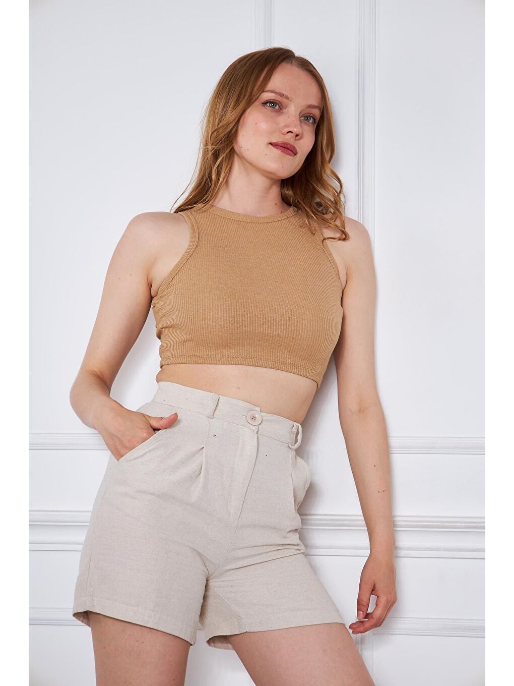 Bej Kadın Crop Top Vizon Basic Bluz-2