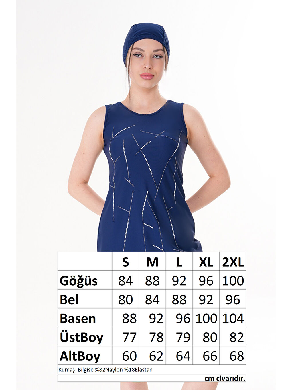 Taş Detaylı Elastanlı Sıfır Kol Yarı Kapalı Tesettür Mayo Arzu 2519 Lacivert-2