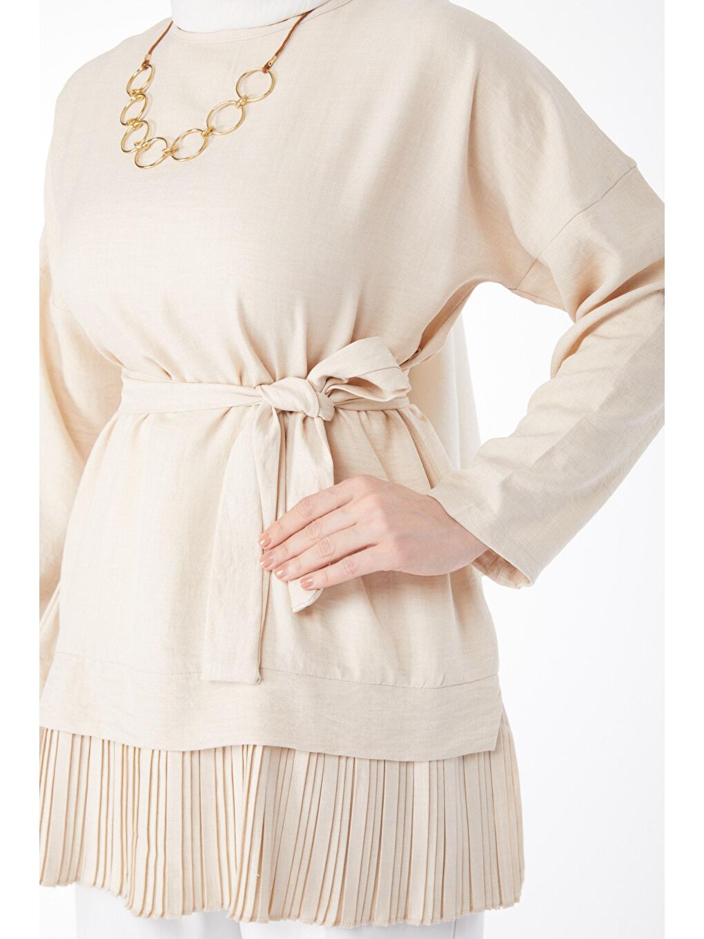 Bisiklet Yaka Kadın Bej Eteği Pilise Detaylı Tunik - 24624-5