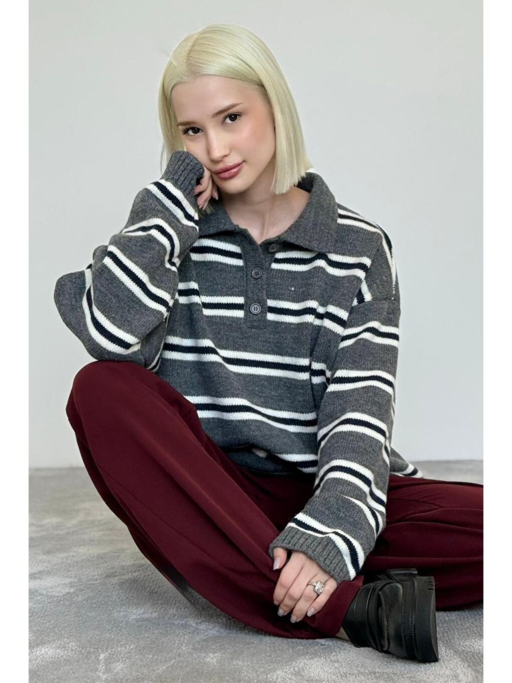 Antrasit Polo Yaka Çizgili Kadın Triko Kazak Mg2469-9