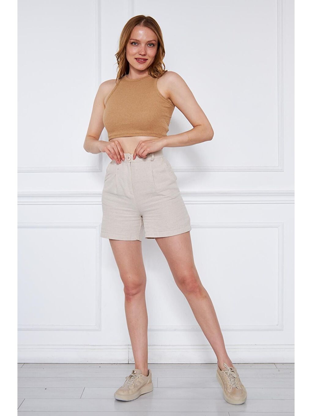 Bej Kadın Crop Top Vizon Basic Bluz-3