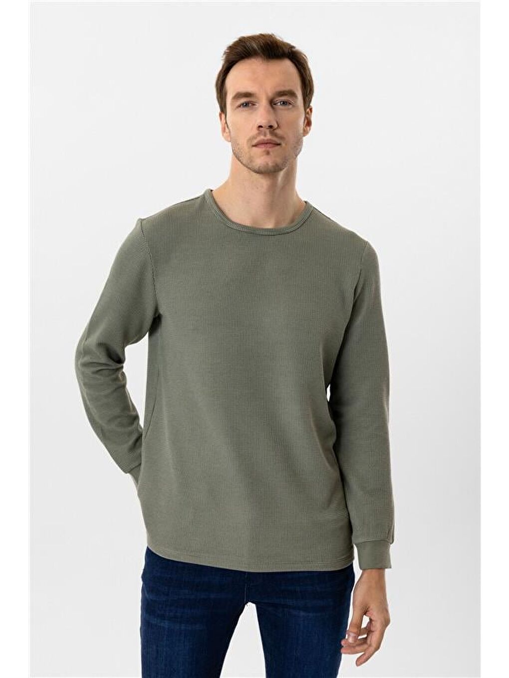 Yeşil Slim Armürlü Bisiklet Yaka Triko-1