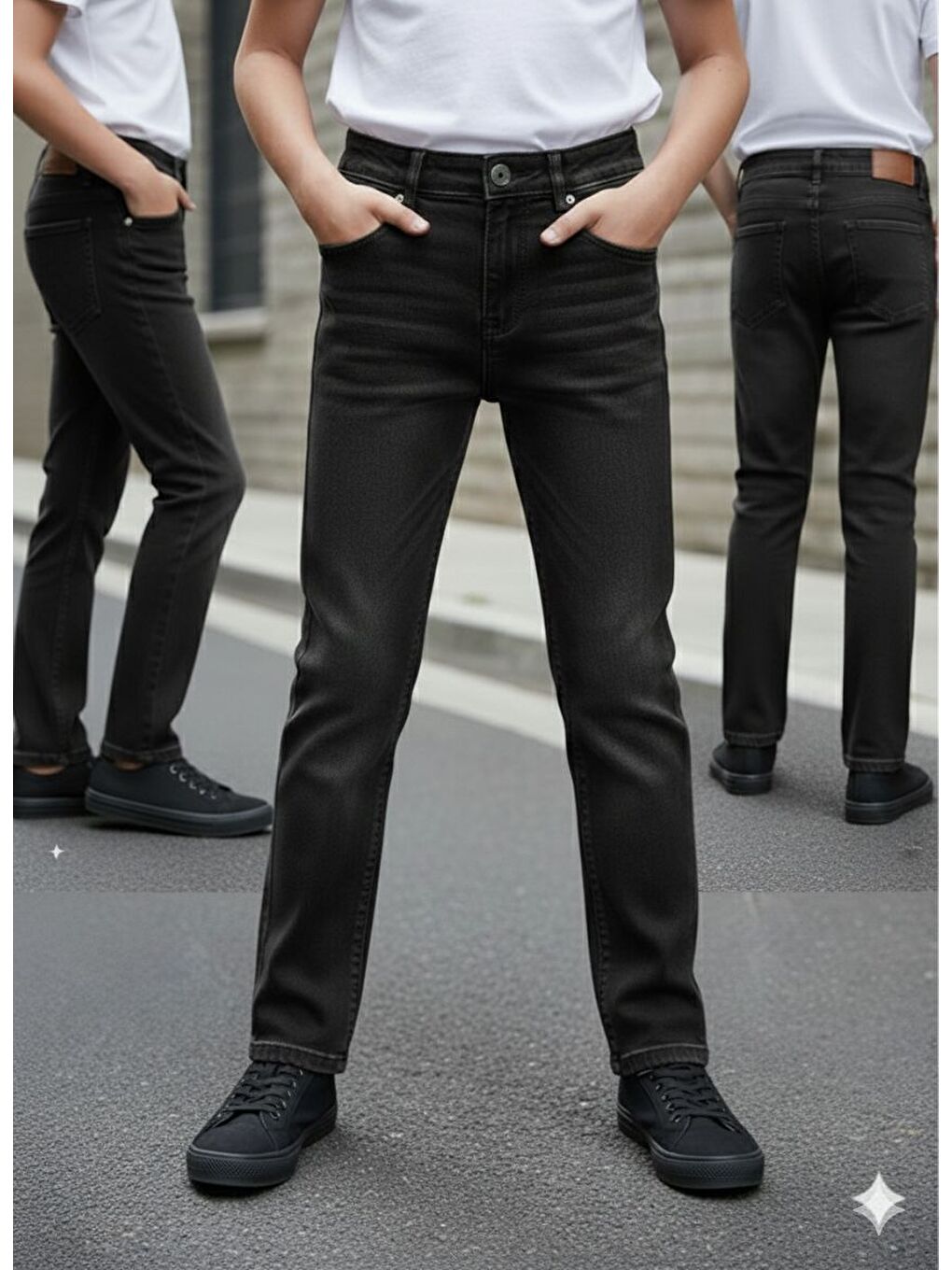 Siyah Erkek Çocuk Elastanlı Taşlanmış Jean Pantolon PNT2606-4