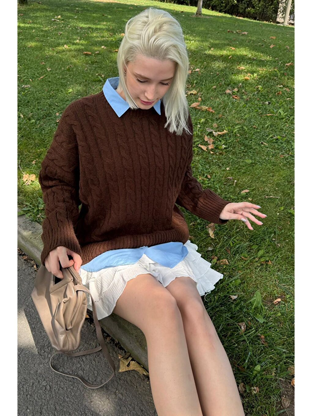 Kahverengi Bisiklet Yaka Örgü Desenli Kadın Triko Kazak Mg2520