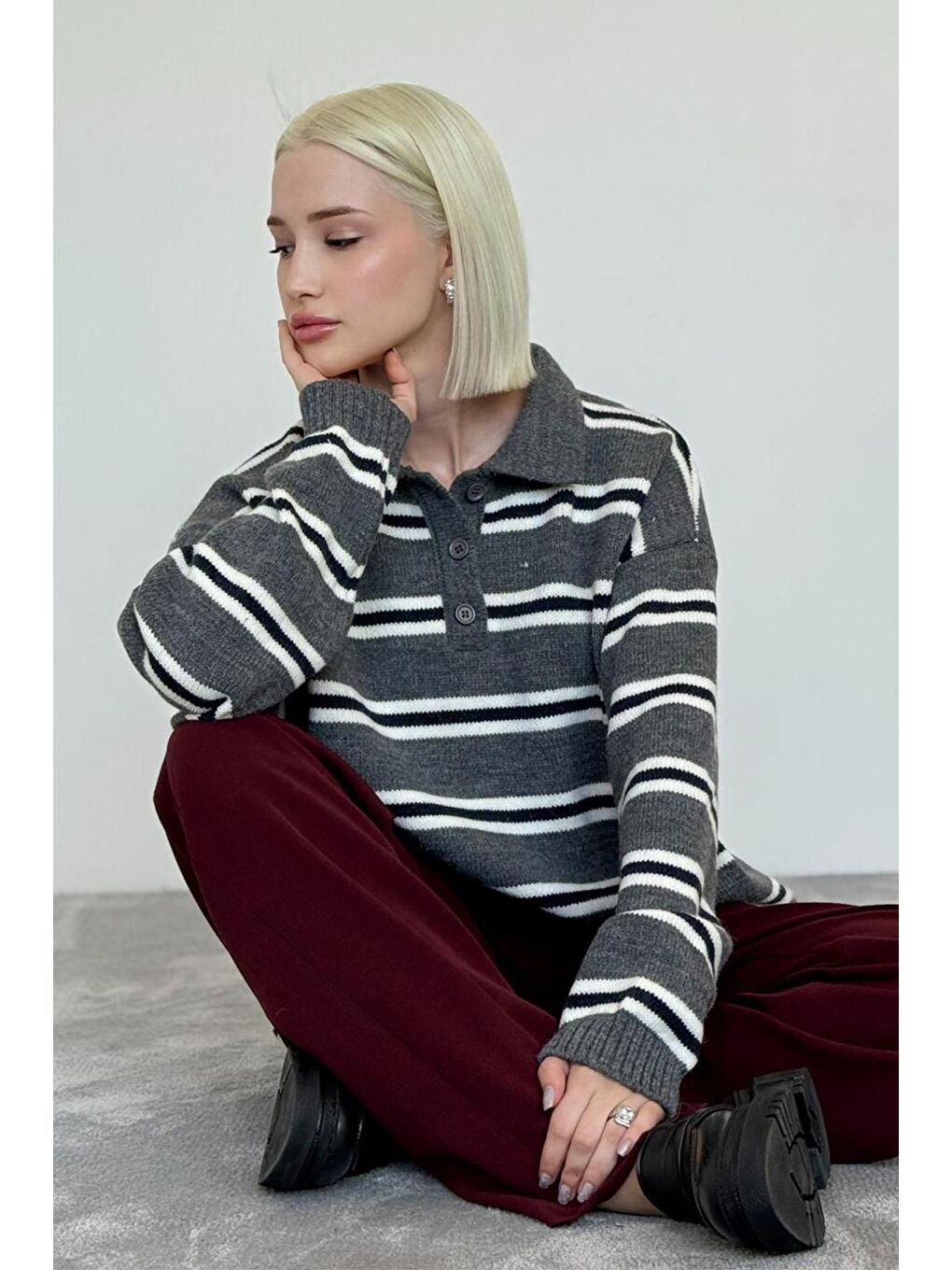 Antrasit Polo Yaka Çizgili Kadın Triko Kazak Mg2469-10