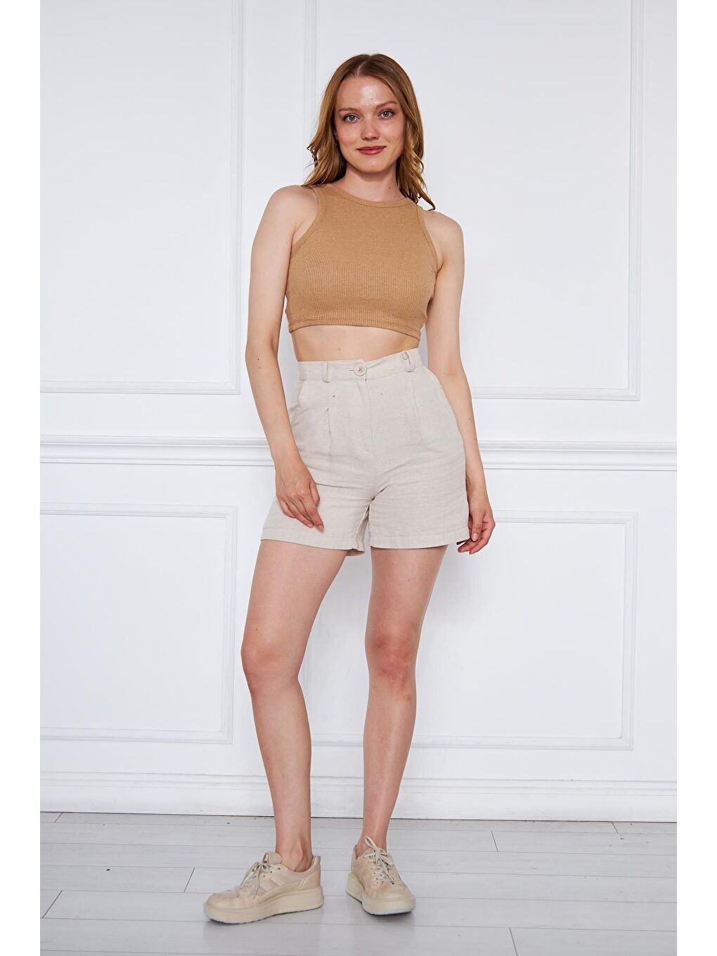 Bej Kadın Crop Top Vizon Basic Bluz-4